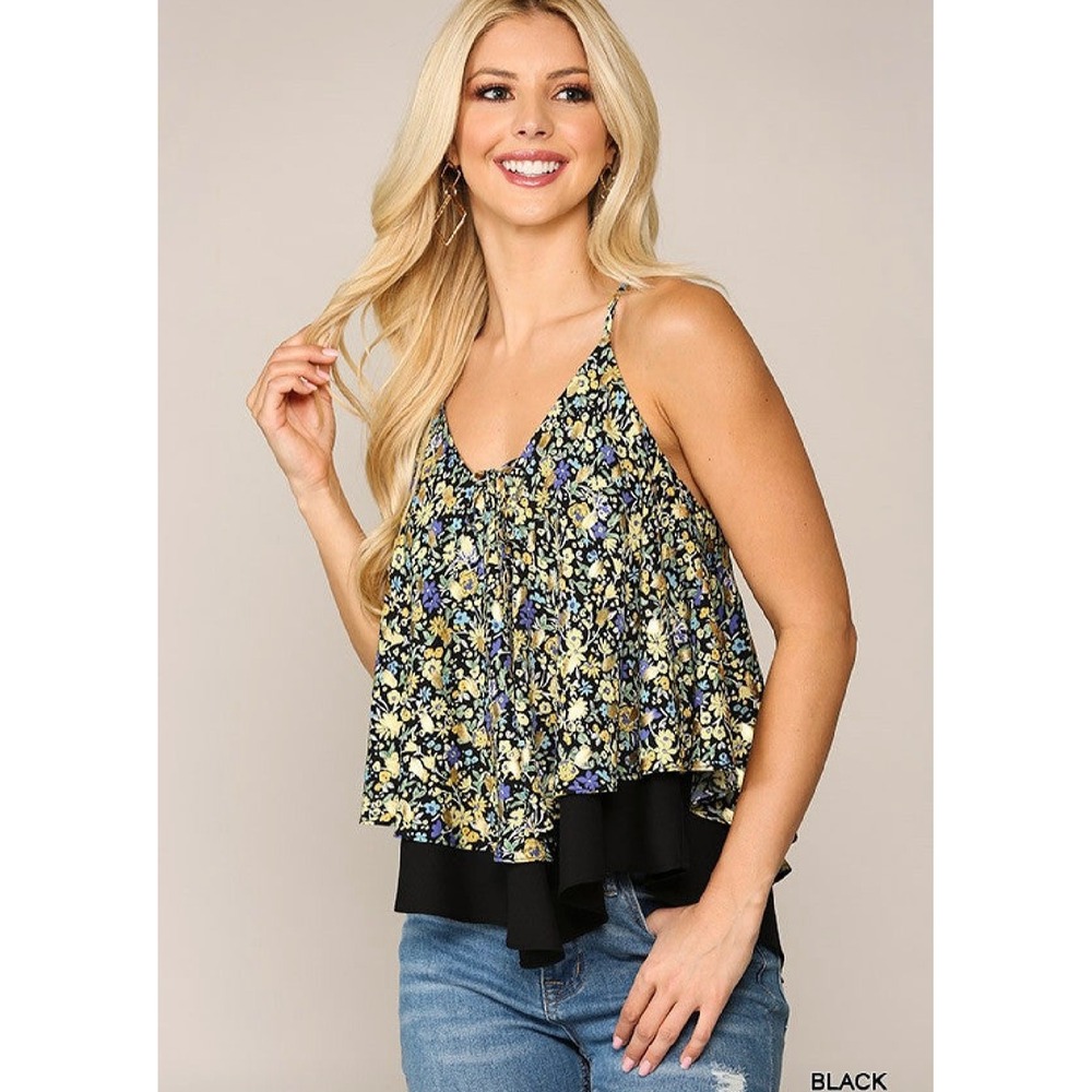 GIGIO Cami Top Womens Small Black Multi Floral Metallic Layered Boho‎ Tank New